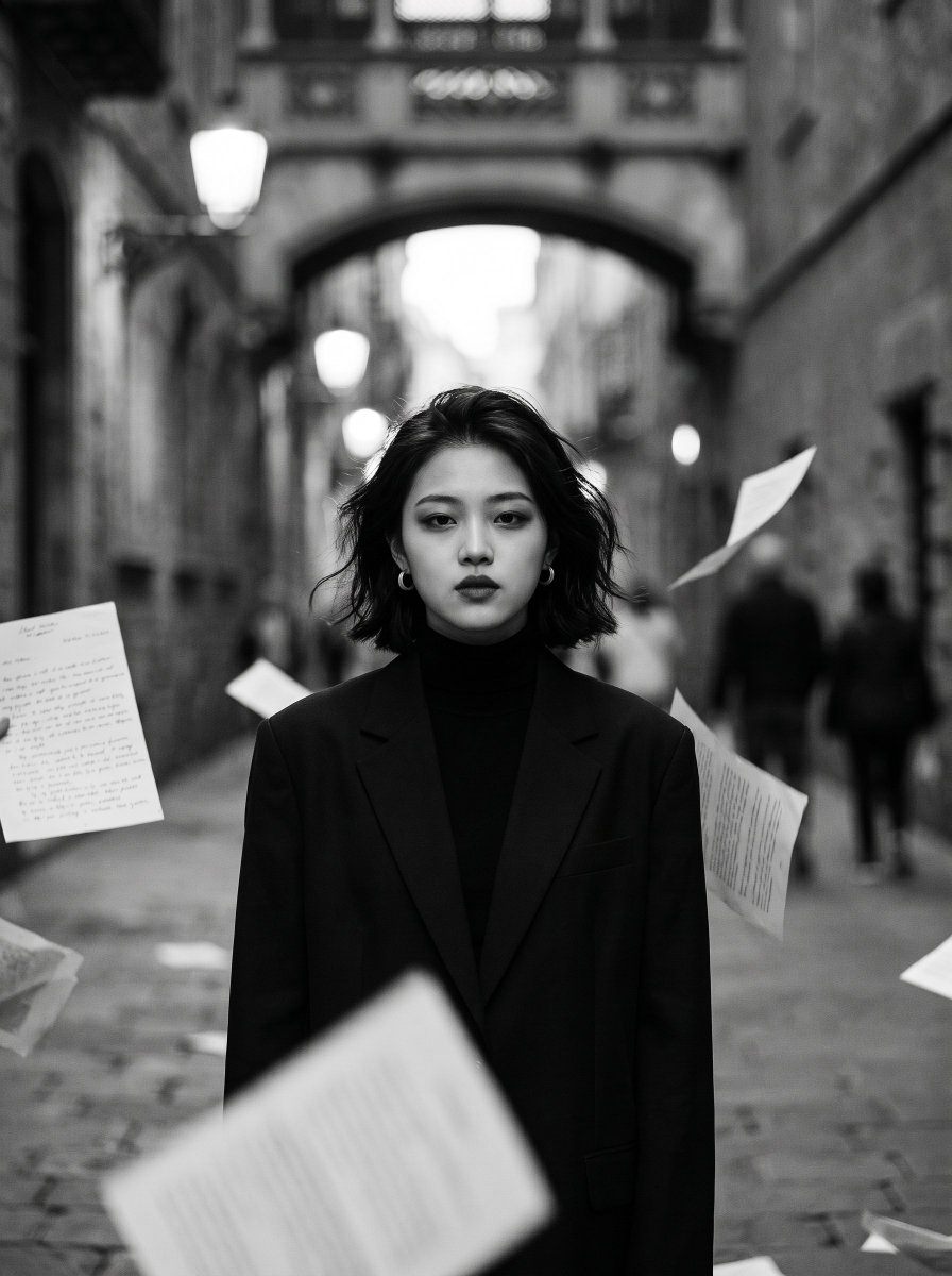 Woman in black stands still as letters rain in alley