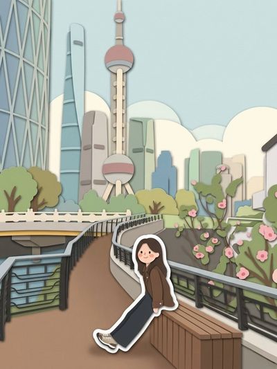 Chibi girl in brown jacket sits by Shanghai riverside