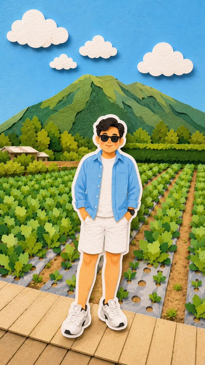 A chibi boy and girl explore a layered paper farm with mountains
