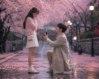 A Korean boy proposes under cherry blossoms in soft rain