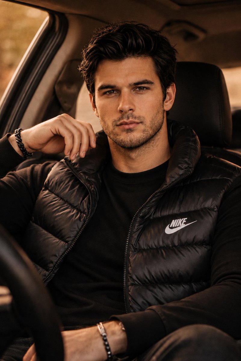 A handsome man in a black vest sits in a luxury SUV
