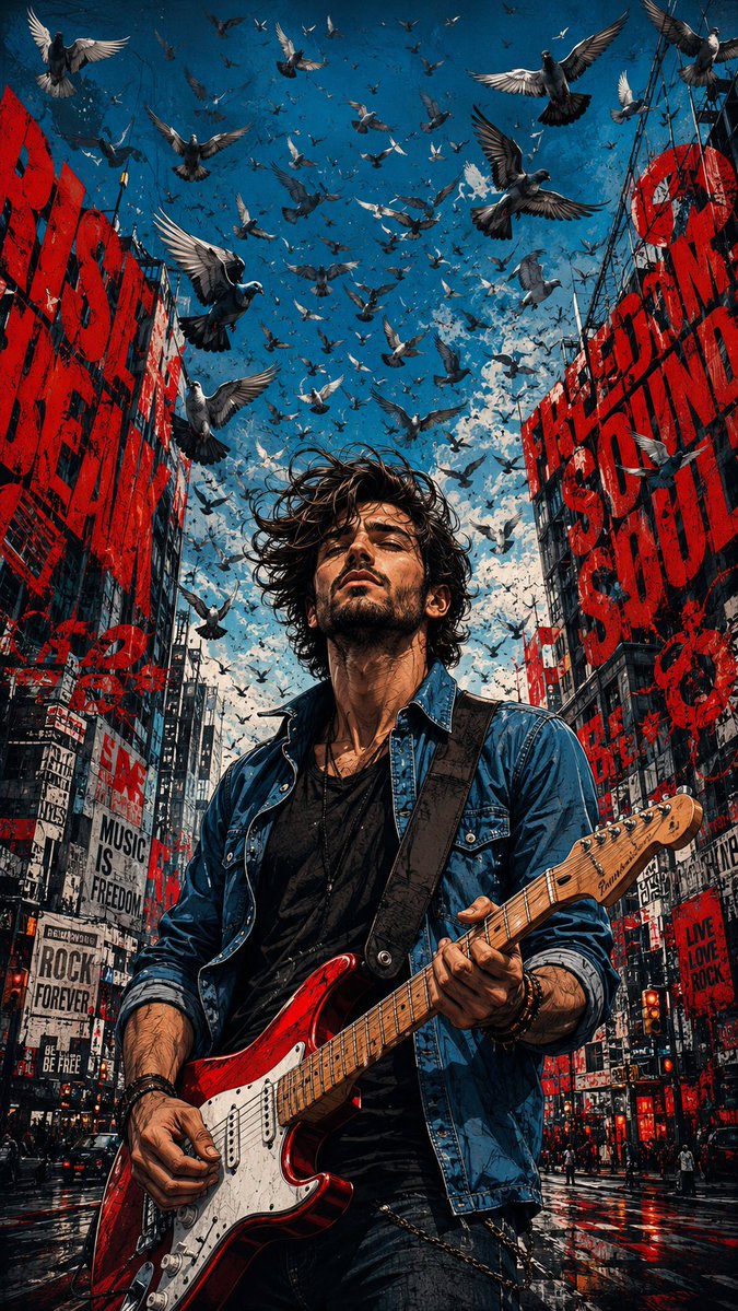 A rock guitarist plays amid giant red typography and doves
