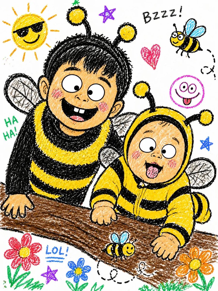 Two children in bumblebee costumes laugh over a wooden ledge