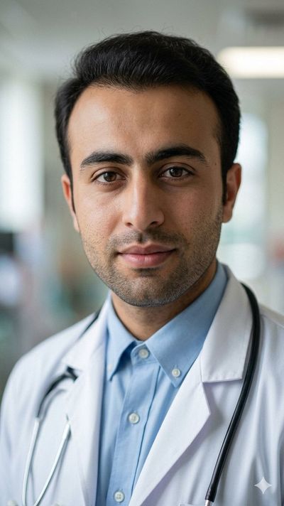 A close-up portrait of a doctor in a blue shirt and white coat