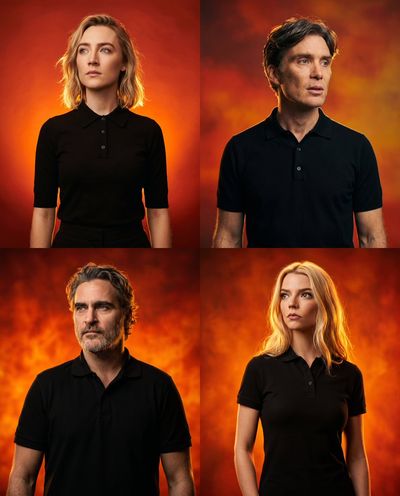 A celebrity in a black polo glows against fiery orange backdrop