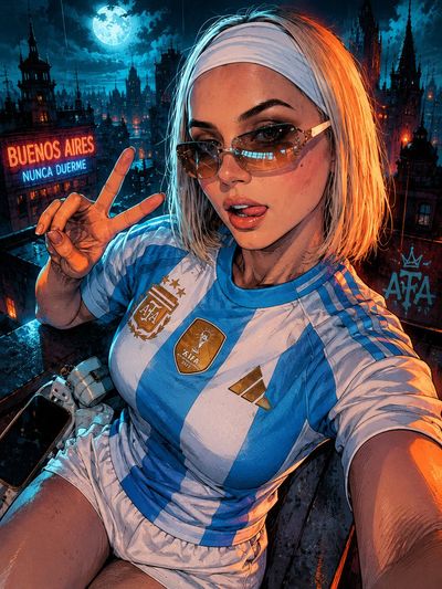 A cyber-noir woman glows under teal-blue shadows and orange highlights