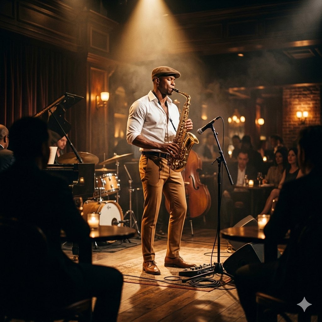 Jazz saxophonist performs under dramatic spotlight in smoky club