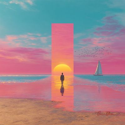 A solitary figure walks on reflective sand toward a shimmering pink column