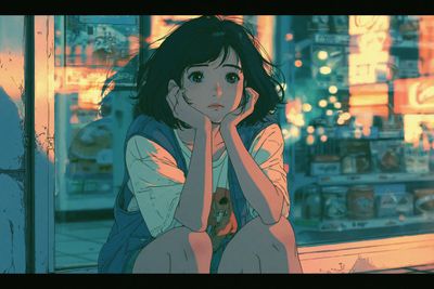 A fragile girl stands beneath neon signs in melancholic rain