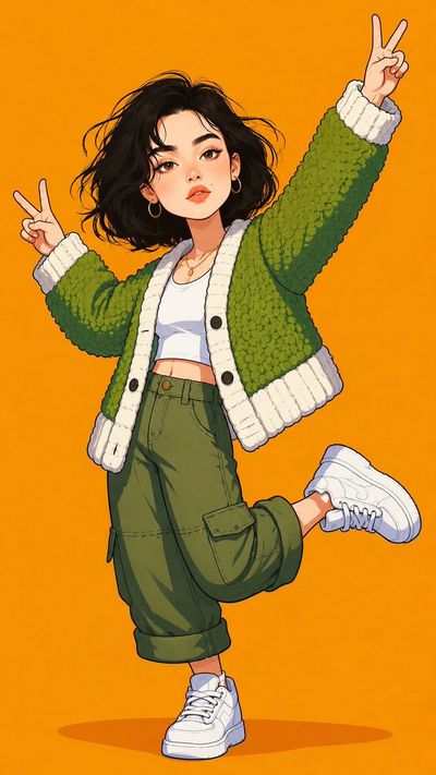 A chibi girl in a green cardigan strikes playful peace signs