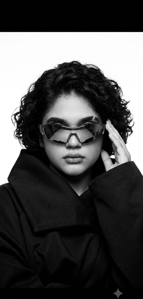 Dr. Samia wears futuristic visor in monochrome editorial portrait