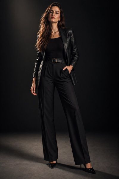 A confident Portuguese woman in black leather poses under dramatic spotlight
