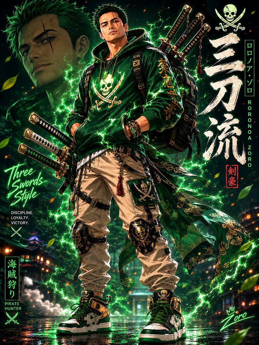 Green-haired swordsman in glowing emerald hoodie stands confidently