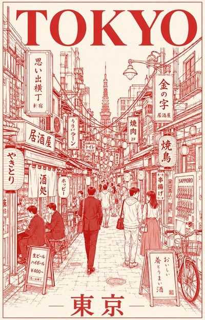 Warm vermilion lines capture Tokyo's narrow alley at night