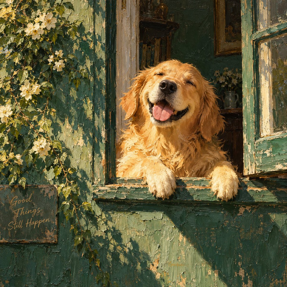 A warm impasto painting shows a figure peeking from a doorframe