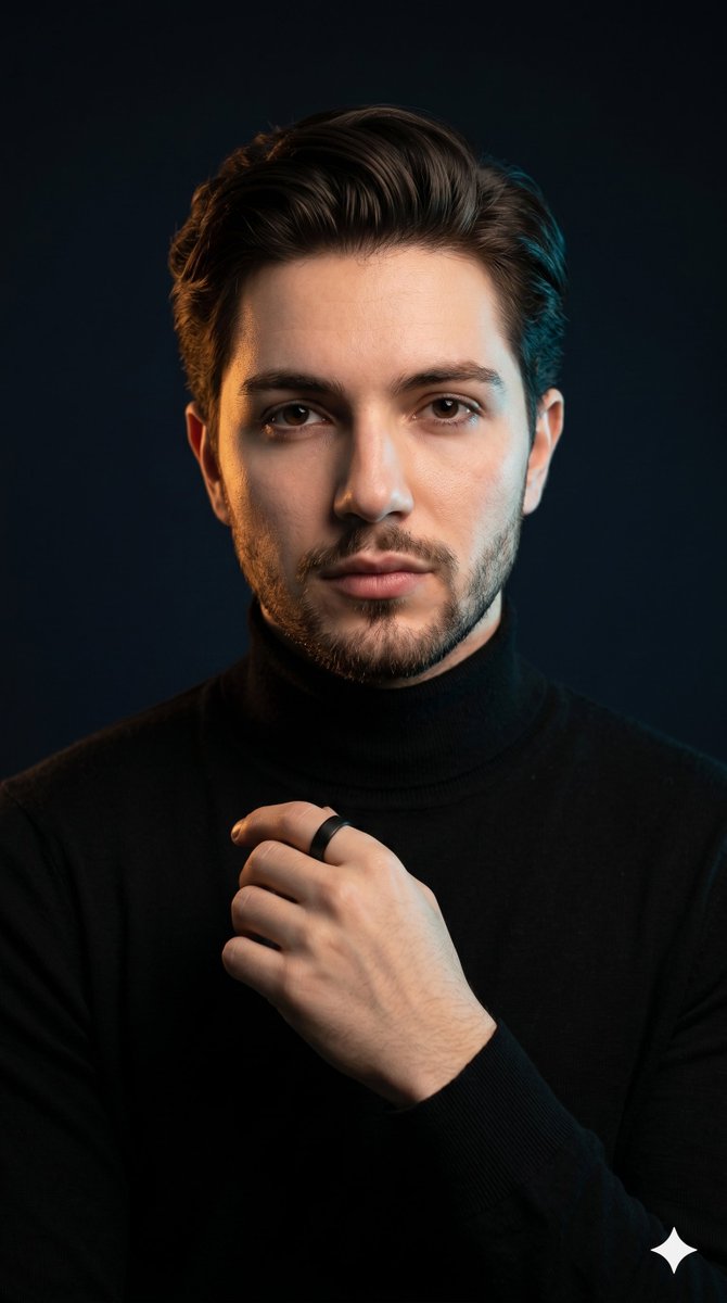 A confident executive in black turtleneck poses with dual lighting