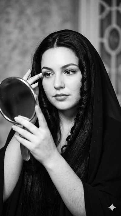 A vintage beauty wears a dark veil with thoughtful eyes
