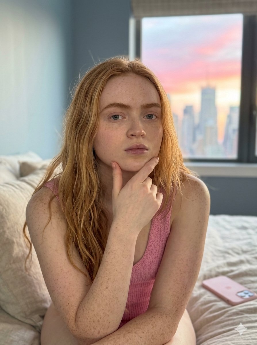 Blonde woman captures raw details on pink phone in sunset light