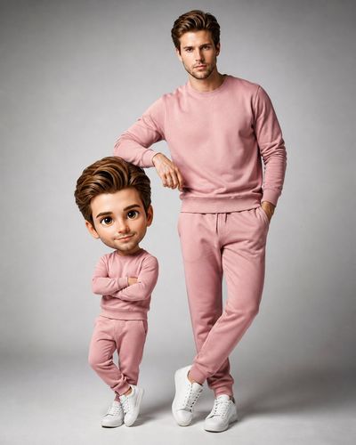 Real Person Posing with Stylized 3D Caricature Companion