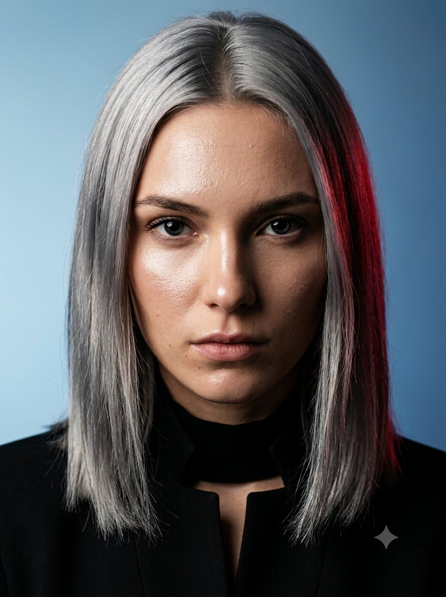 Woman with titanium hair stares intensely in dramatic studio light
