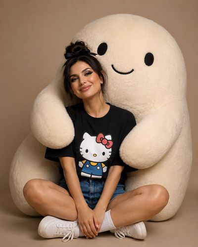Woman in black tee smiles while giant plush hugs her from behind