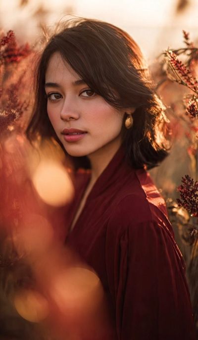 Warm sunset light illuminates a woman's serene portrait in autumn foliage