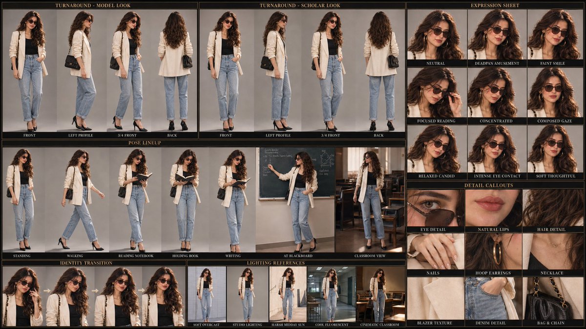 Cinematic Character Sheet Locks Model's Exact Outfit in Four Views