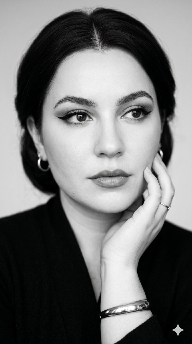 A graceful woman gazes softly aside in monochrome elegance