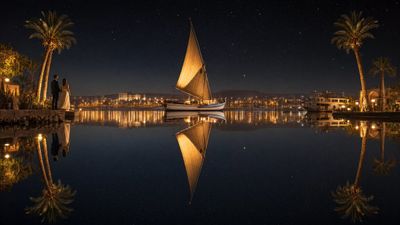 Elegant couple reflected with glowing felucca sails under starry sky