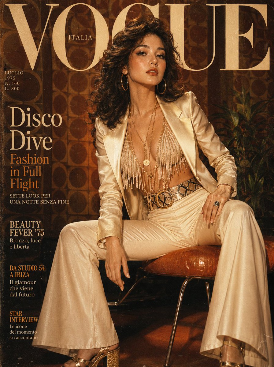 A glamorous Korean woman shines in 1970s disco editorial fashion