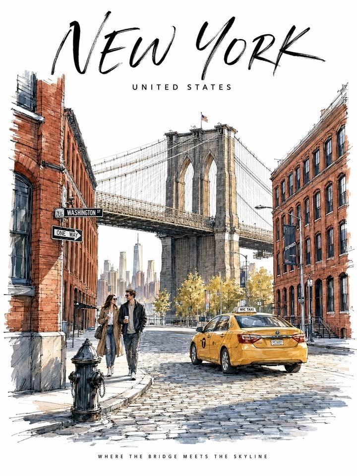 Brooklyn Bridge rises above cobblestone streets in golden morning light