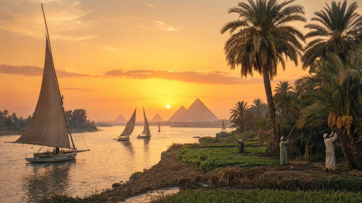Feluccas glide on the Nile at sunset near ancient pyramids