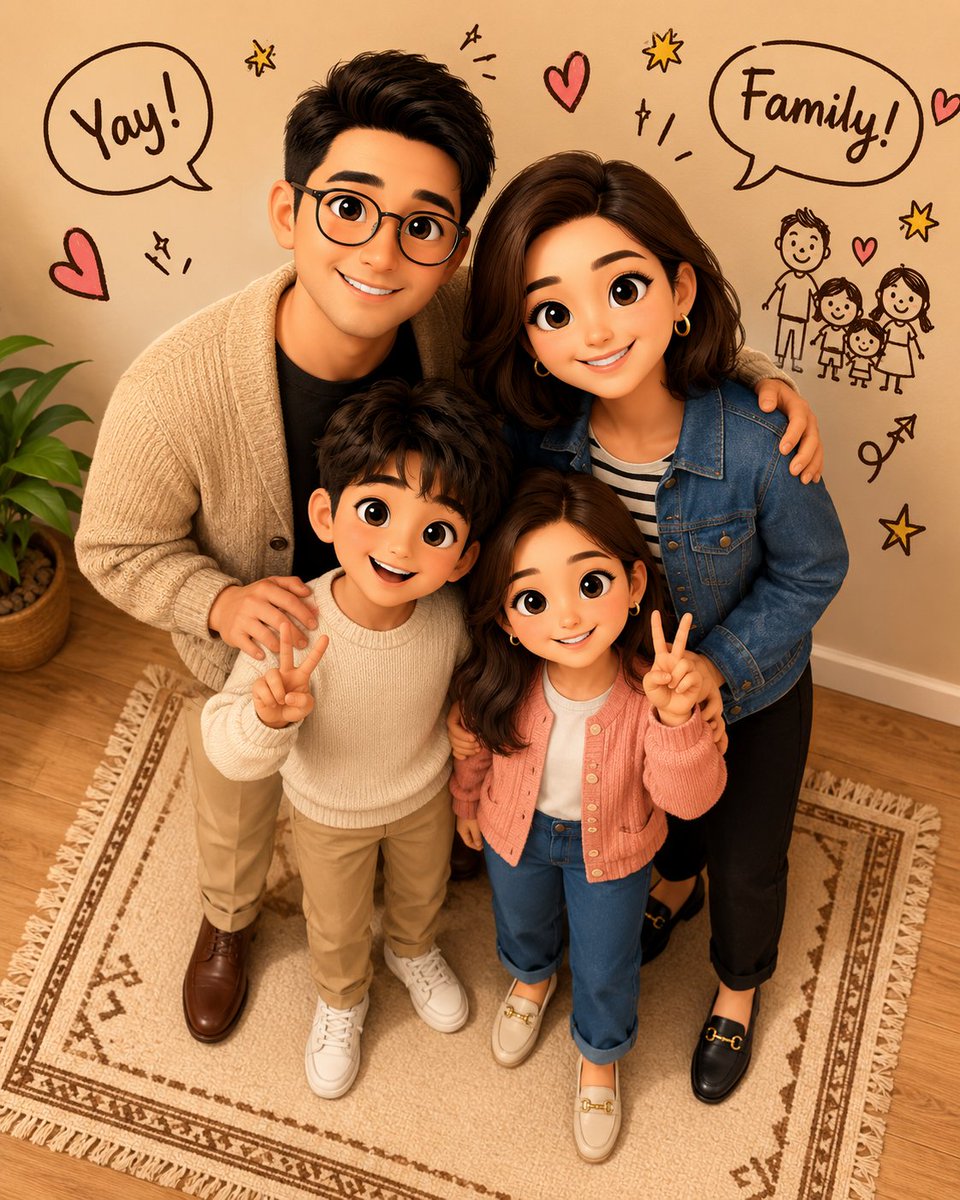 Cheerful family portrait in cozy indoor setting with playful doodles