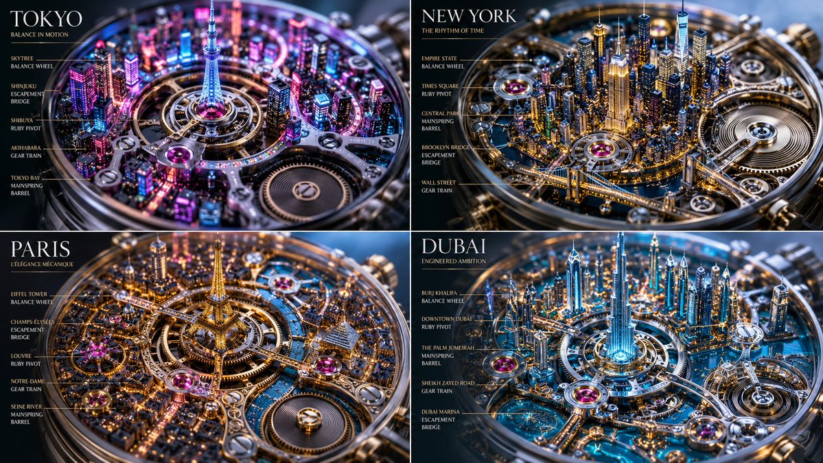 Neon Tokyo's streets become spinning gears in a luxury watch poster