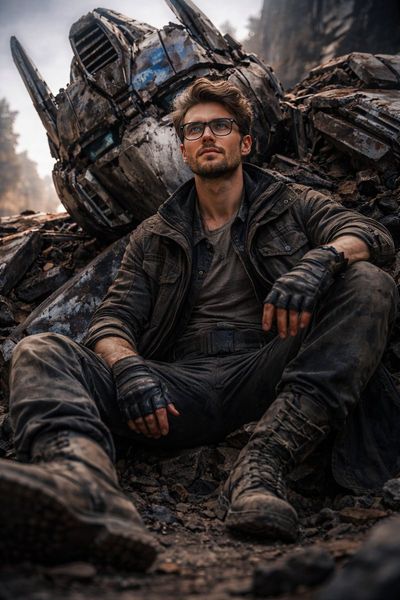 Post-Apocalyptic Sentinel Amidst Fallen Titans