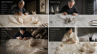 An artisan emerges from giant origami crease pattern blueprint