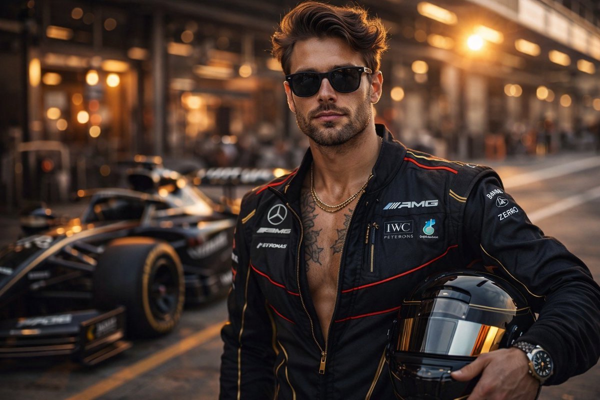 Cinematic Portrait of a Confident F1 Driver in Luxury Racing Gear