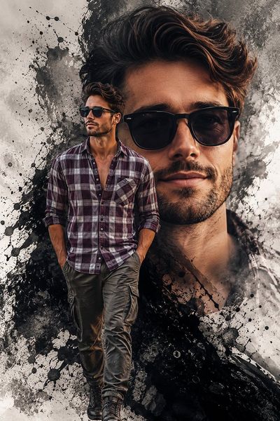 Man in plaid shirt wears sunglasses with double exposure effect