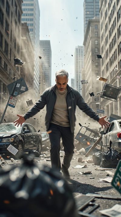 Heroic man stands amid flying debris in chaotic city street