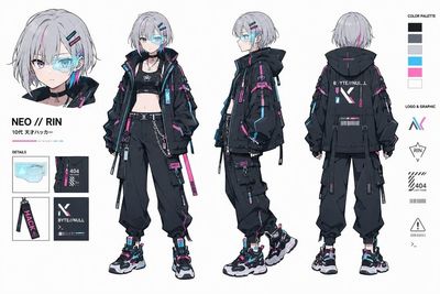 Neo Rin poses in a cyberpunk character sheet with holographic gear.