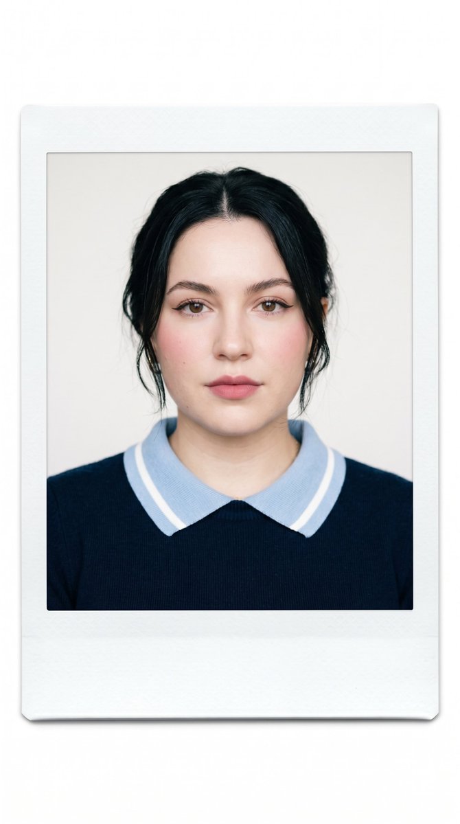 A young woman in navy sweater poses for minimalist portrait.