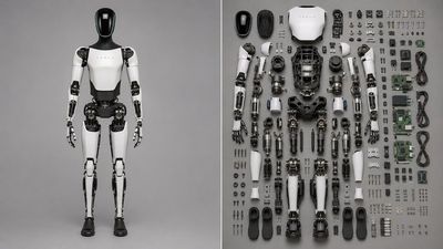 Deconstructed Tesla Optimus robot parts arranged in neat grid