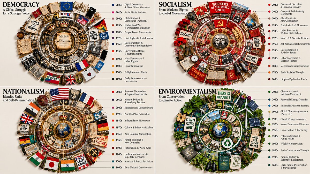 Concentric rings of political change form a tree-ring timeline overhead