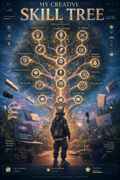 A modern creator stands before a glowing skill tree