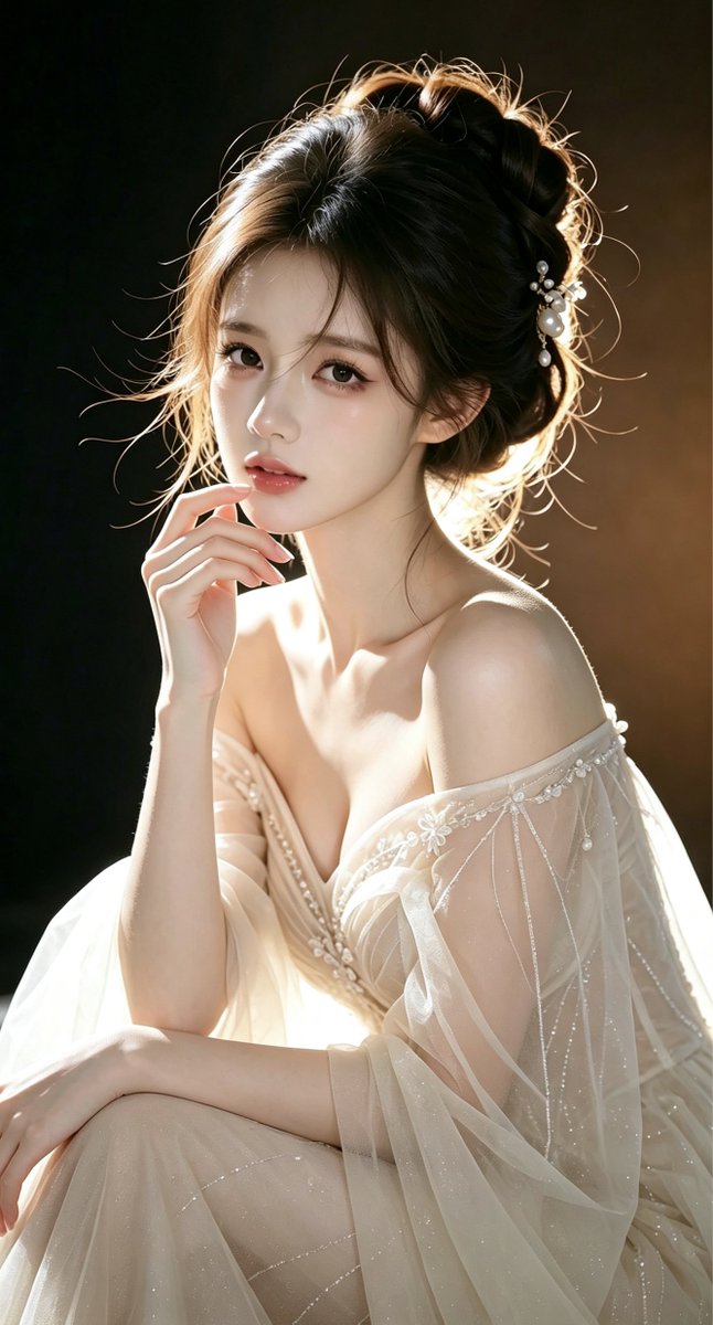 Elegant East Asian woman in champagne tulle gown under warm side light