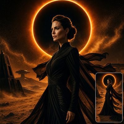 Captivating Fashion Amidst a Solar Eclipse in a Futuristic Desert