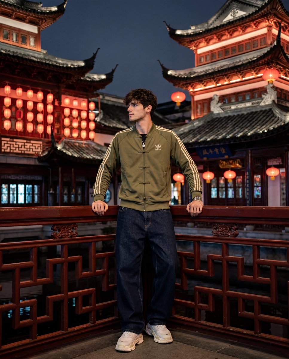 A man in olive Adidas tracksuit poses at night in Yu Garden