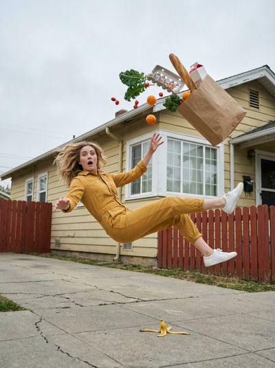 Frozen Chaos: Falling Woman Amidst Floating Groceries