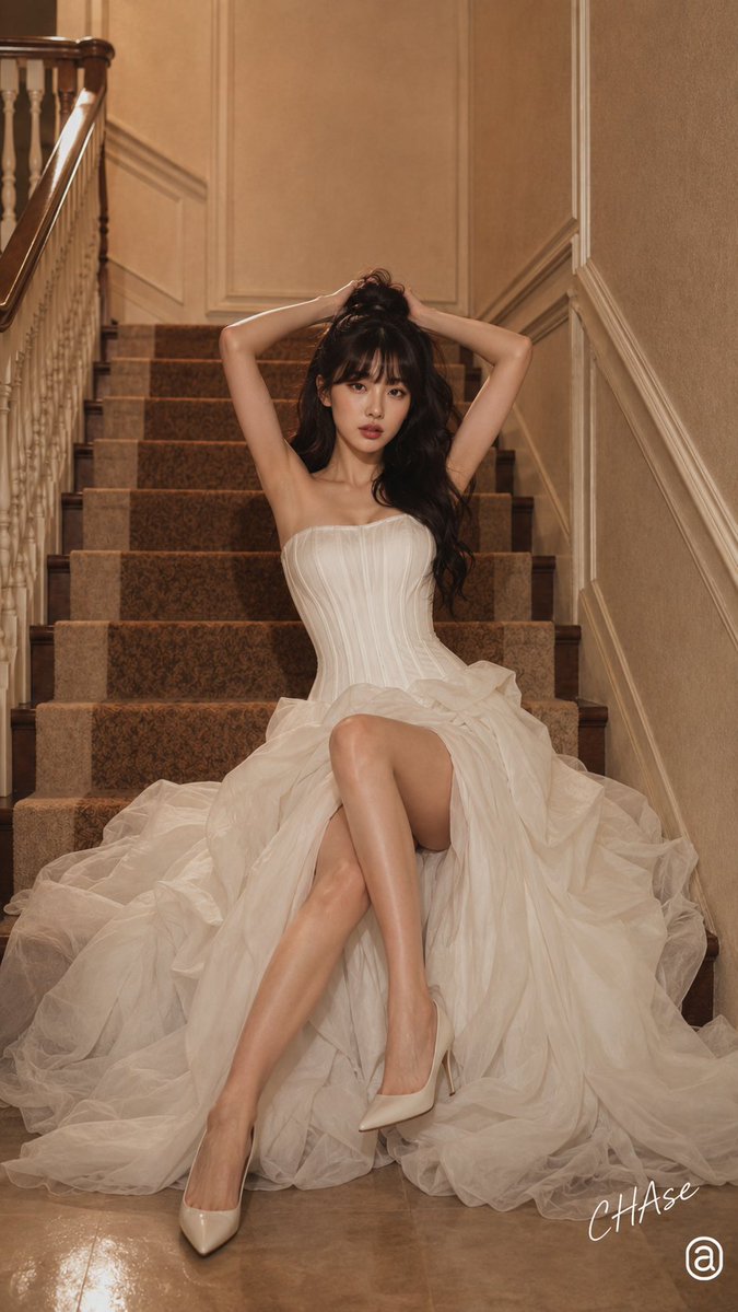 Elegant woman in white corset dress sits on staircase with dramatic pose