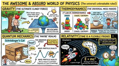 Bright comic infographic turns physics into a playful visual explainer